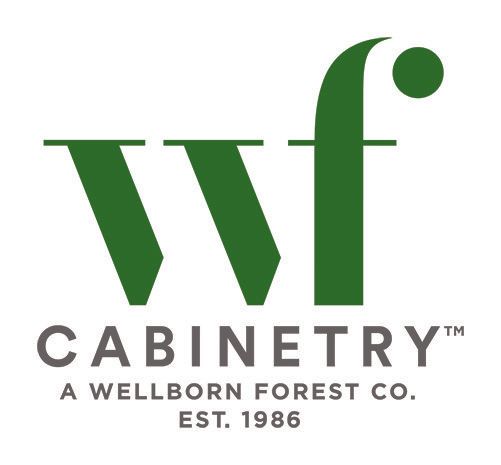 The logo for cabinetry a wellborn forest co. is green and white.