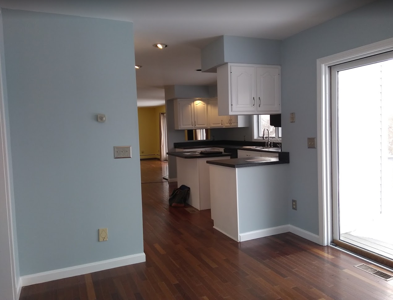 Empty apartment living area with light blue walls, wood floors, kitchen pass-through, and sliding glass door.