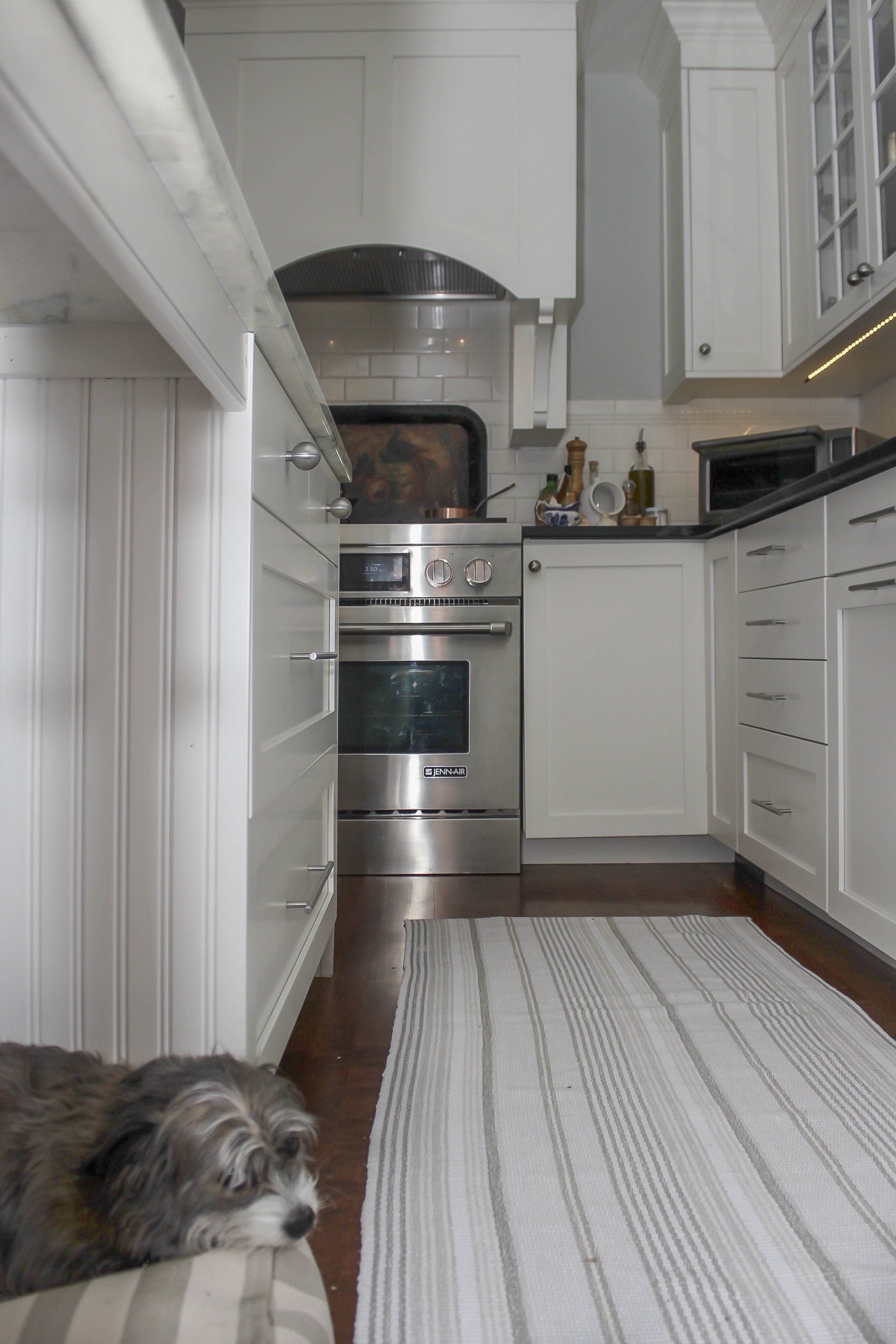 Narrow kitchen with stainless steel stove and white cabinets, striped runner, and a small dog in the lower left corner