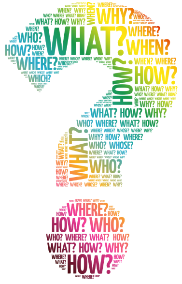 A question mark shape formed by colorful, repeating question words like 