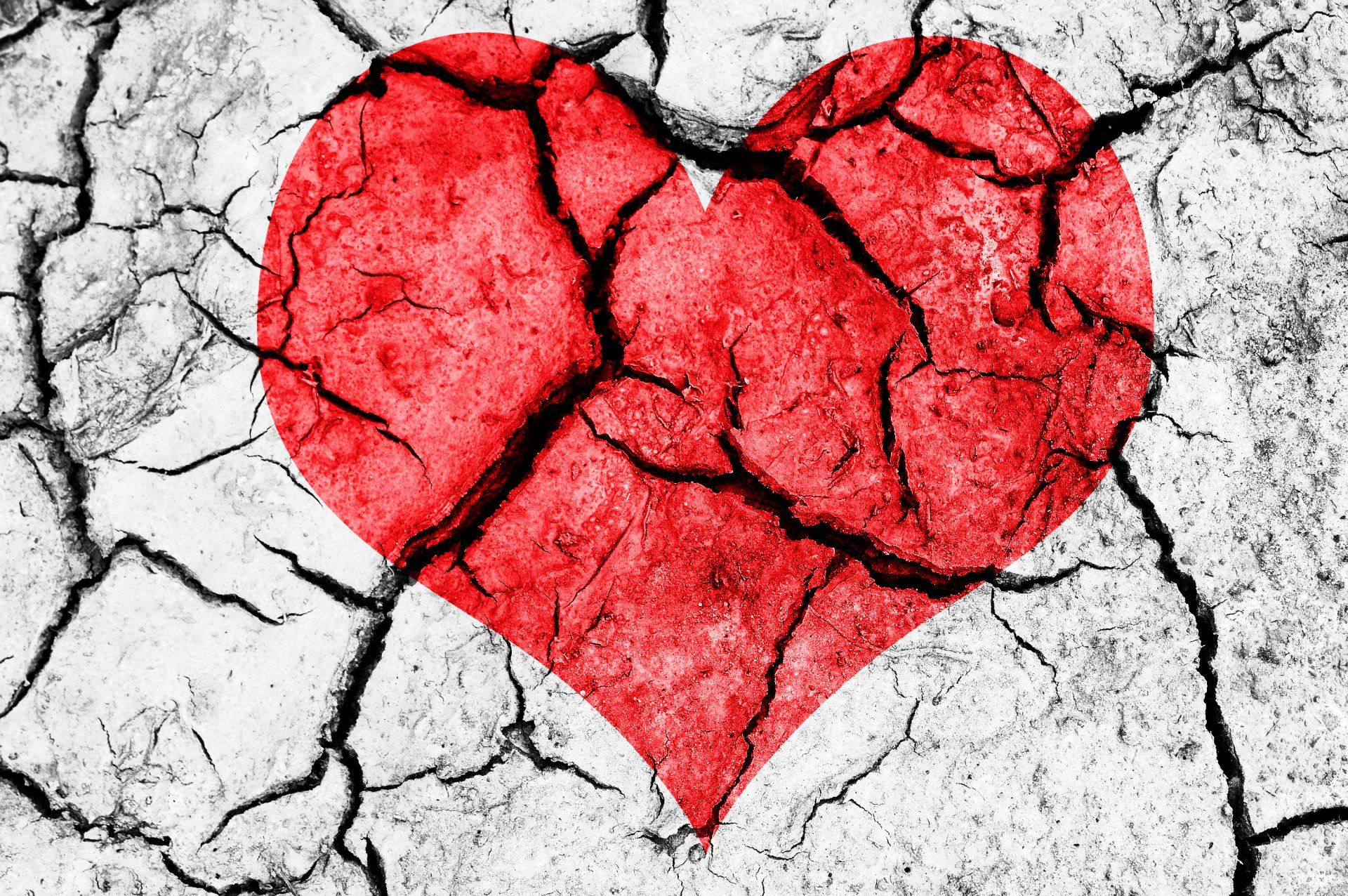 A bright red heart shape superimposed over a black and white cracked, dry earth background.