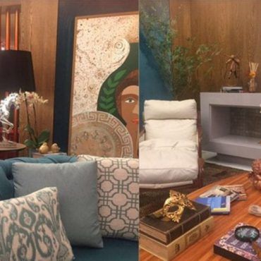 Duas fotos de uma sala com uma pintura na parede