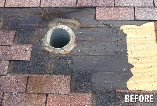 A before picture of a roof with a hole in it