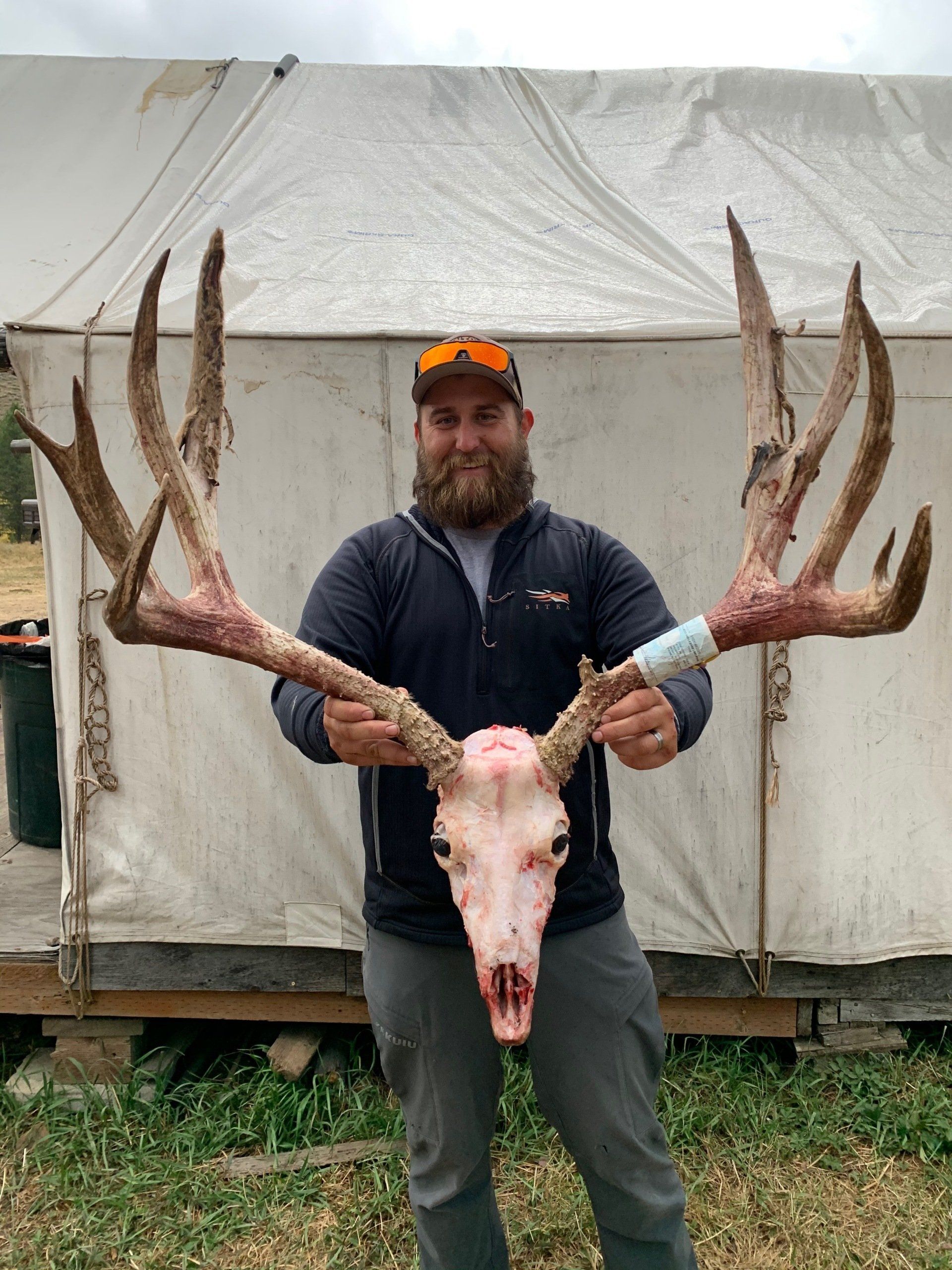 Man holding elk skull and antlers, standing in front of tent.