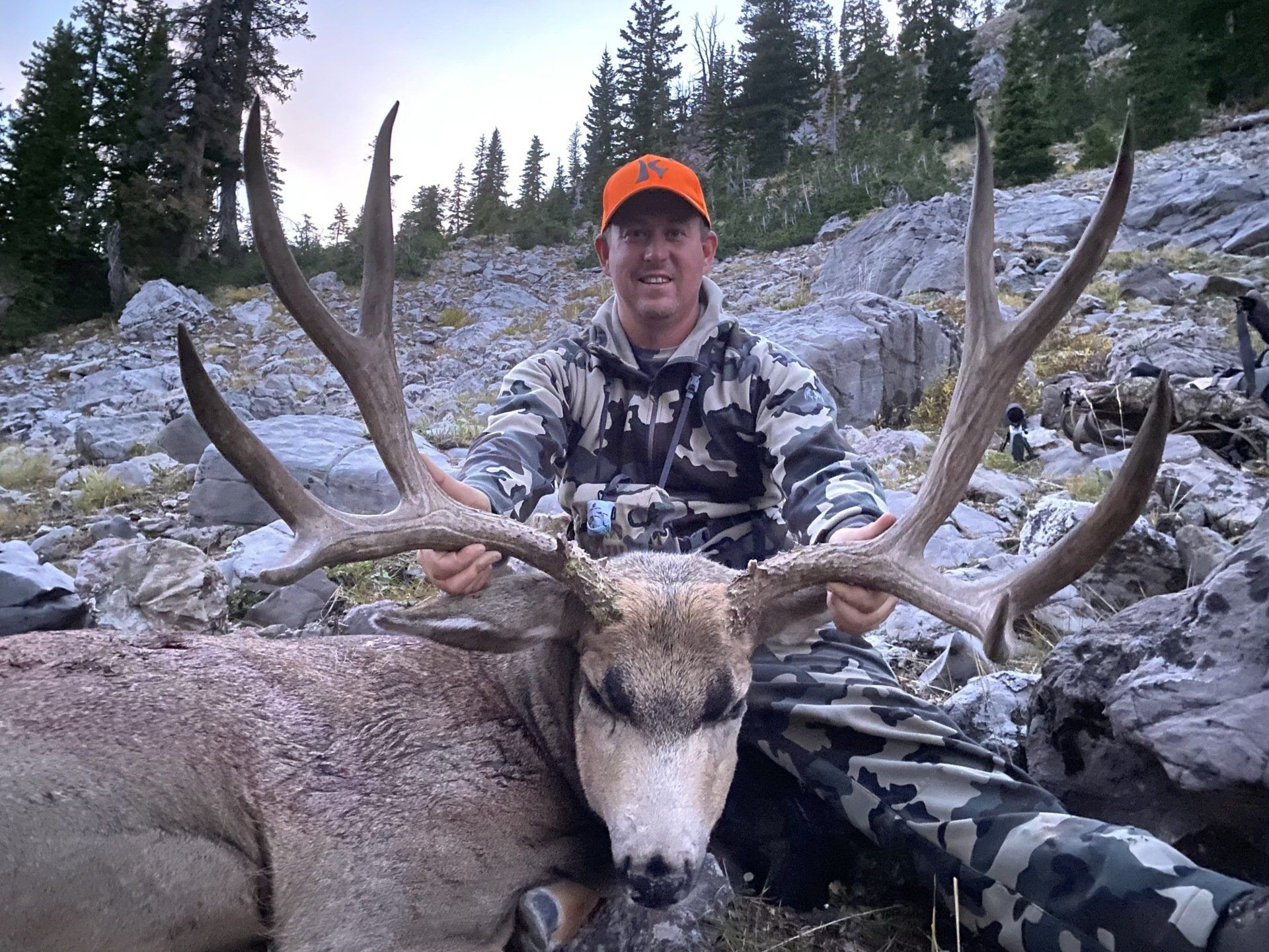 Hunter holding large antlers of a deer in a mountainous outdoor setting, wearing camouflage and an orange hat.