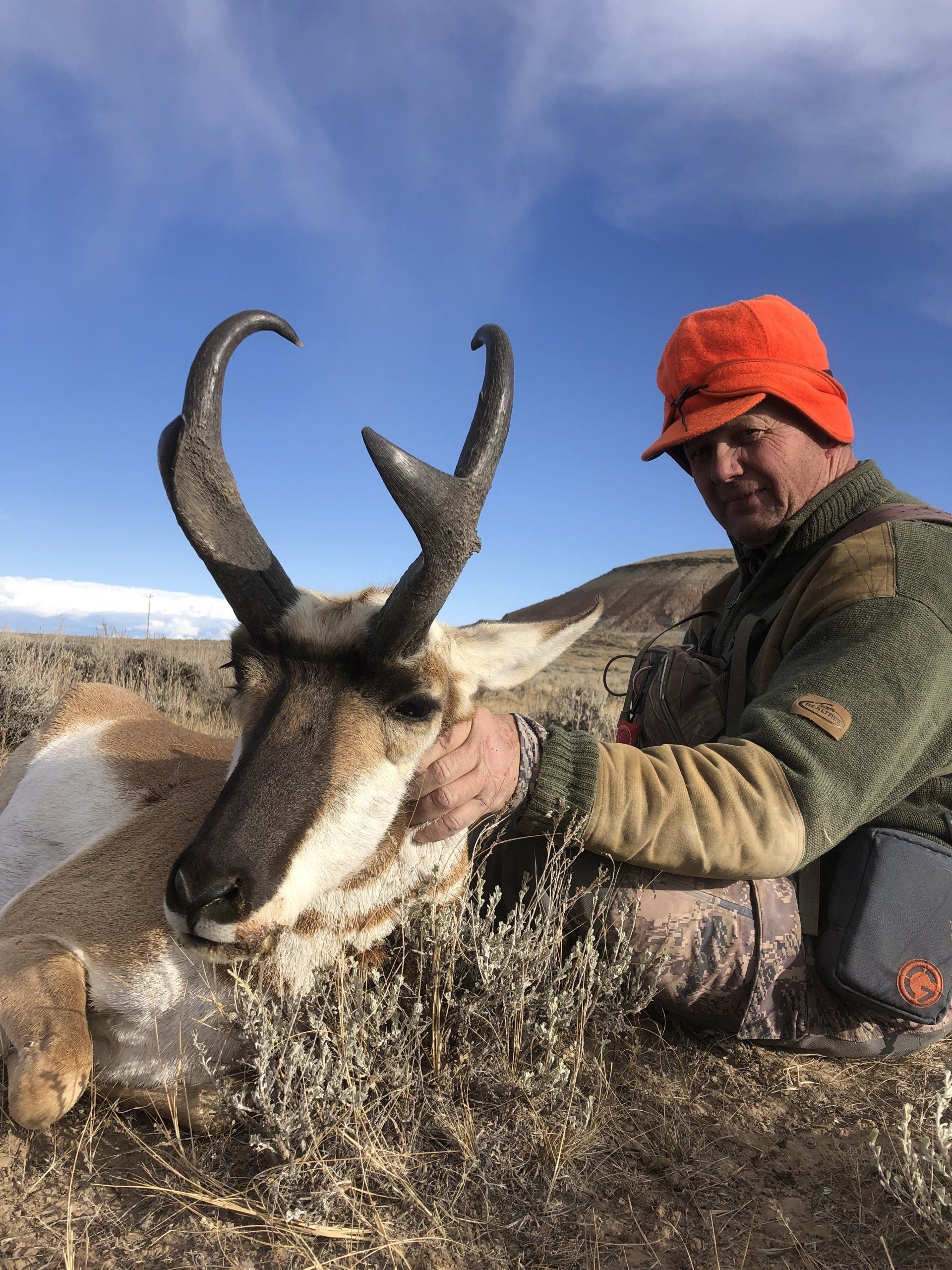 Hunter in orange hat with pronghorn antelope in a field under a blue sky.