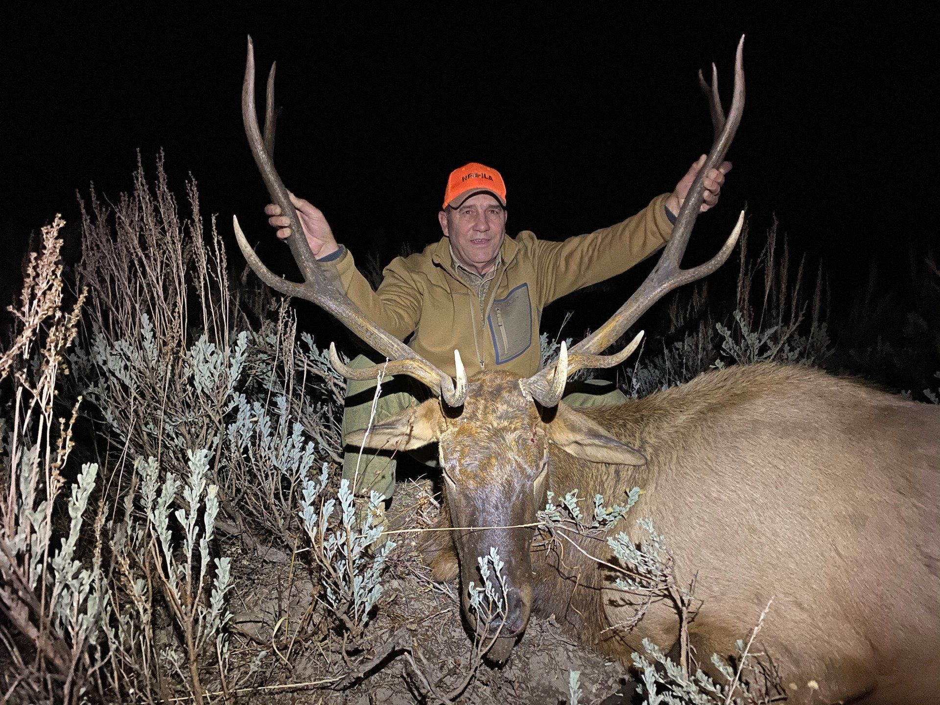 Man in orange hat holding elk antlers at night.