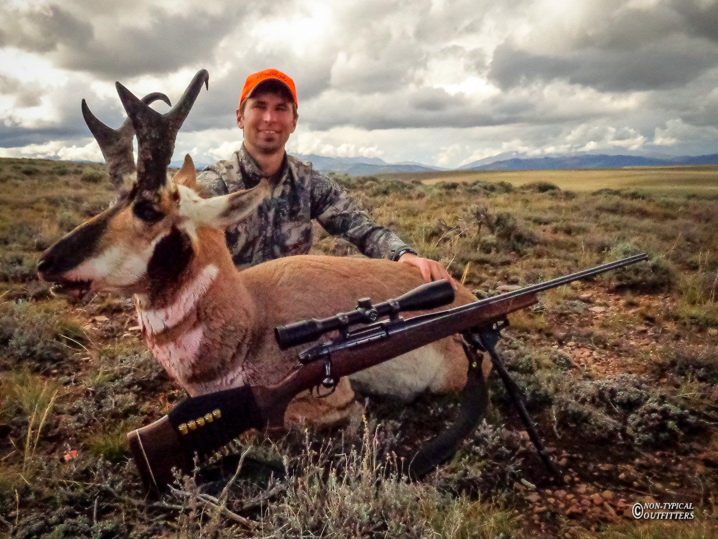 Man in camouflage and orange hat, and pronghorn antelope in grassy field with mountains.