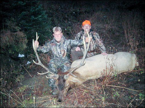 Two people pose with a dead elk in a forest. Both wear camouflage. One kneels, the other stands, holding the elk's antlers.