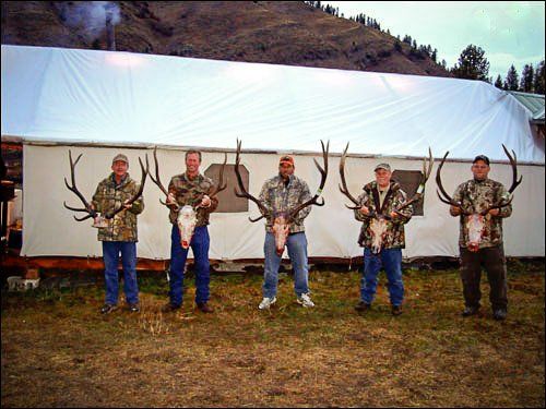 Five men in camouflage hold elk skulls with large antlers in front of a white tent.