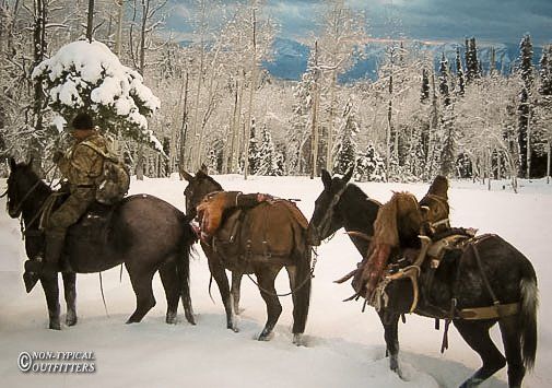 Snowy scene: Person on horseback leads pack animals through a snowy forest, mountains in the distance.