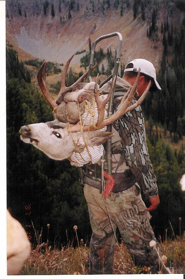 Hunter carrying a deer head with large antlers on a backpack frame in a mountain setting.