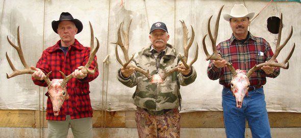 Three men holding deer skulls with antlers. They stand in front of a wooden wall.