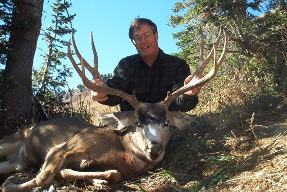 Man holding large deer antlers, deer lying on ground. Outdoor setting, blue sky.