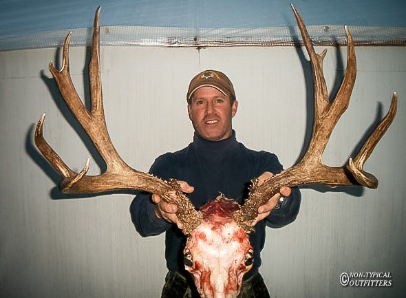 A man is holding a large deer skull in his hands