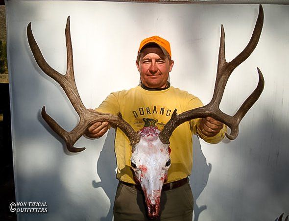 A man in a yellow shirt is holding a deer skull
