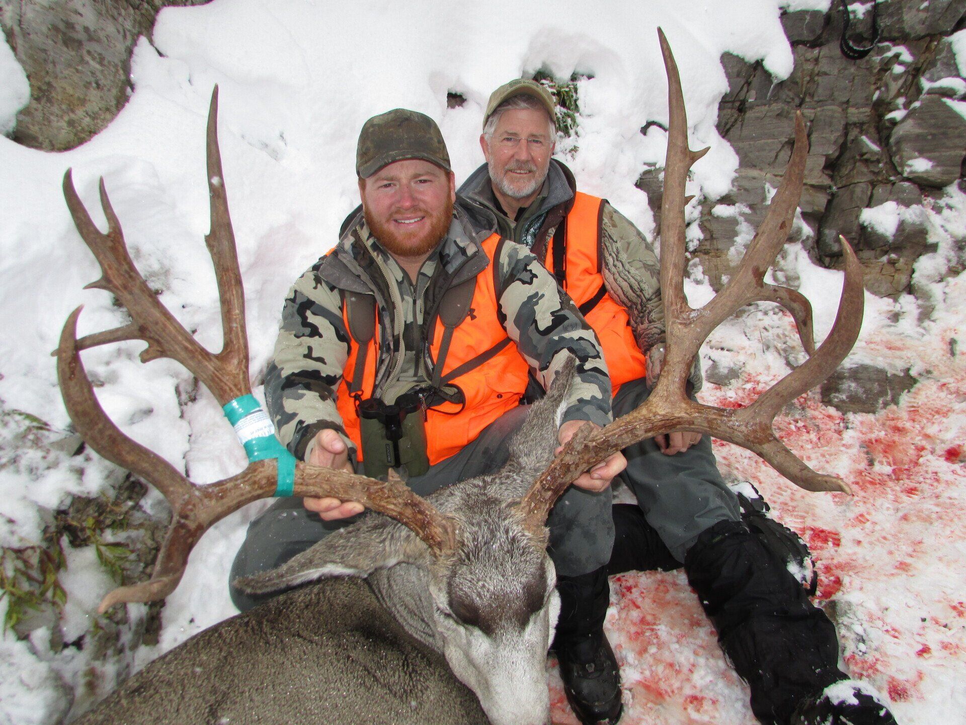 Two men posing with a large deer they hunted in the snow, both wearing orange vests and smiling.