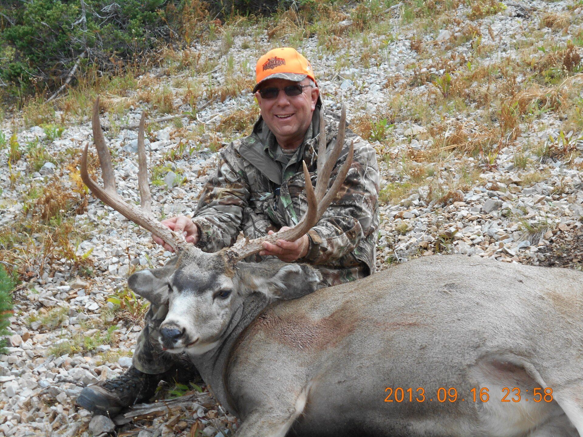 A man in a camo jacket and orange hat holds a deer