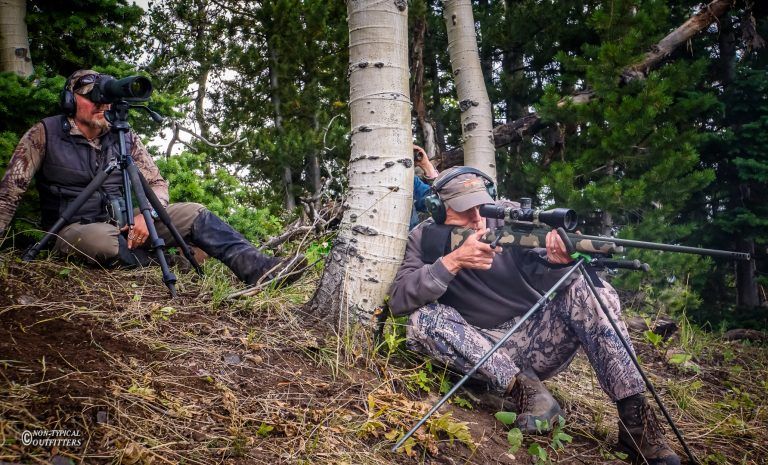 Two people in camouflage gear aiming equipment near a tree in a forest setting.