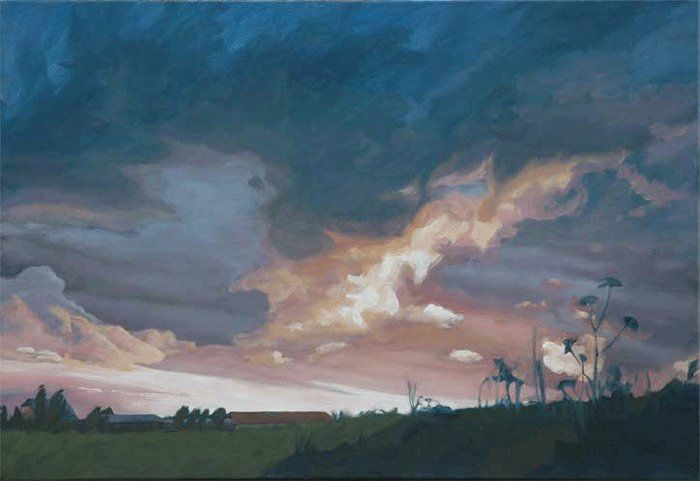 Een dramatische zonsondergang met donkerblauwe en roze wolken boven een silhouet van een landschap met begroeiing.