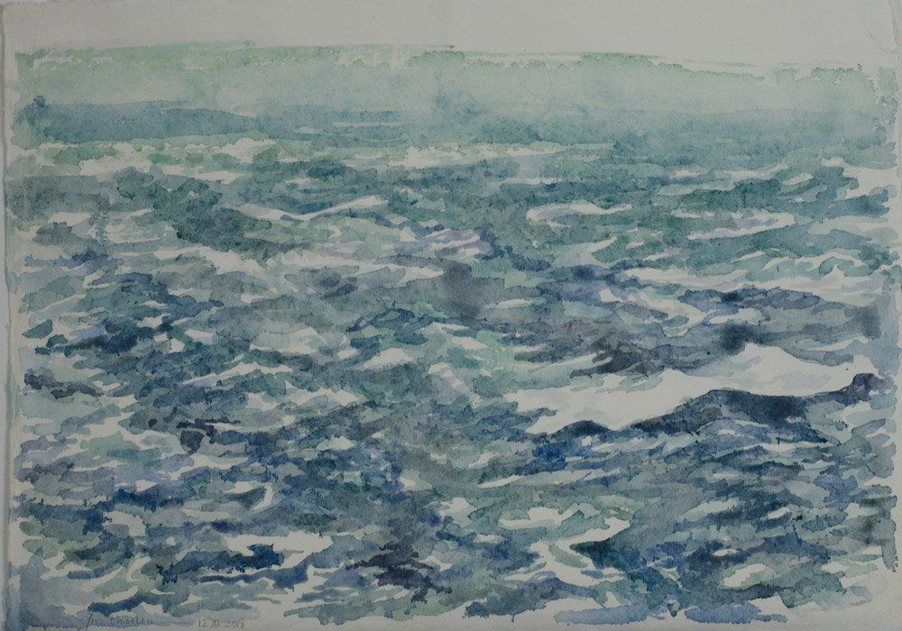 Een aquarel van woelige, turbulente oceaangolven in tinten diepblauw, turquoise en lichtgrijs.
