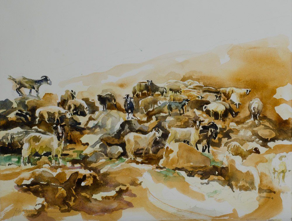 Een aquarel van een kudde geiten en schapen die grazen in een bruin, rotsachtig landschap met ingetogen, aardse tinten.