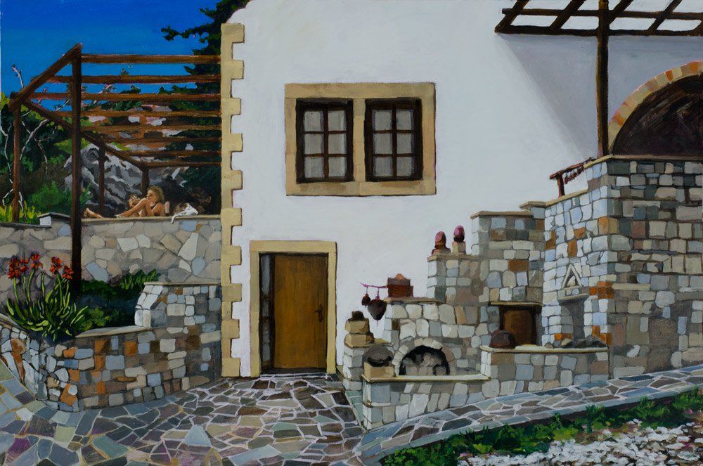 Een schilderij van een Mediterraans stenen huis met een witte gevel, houten deur en een met stenen bestrate binnenplaats.