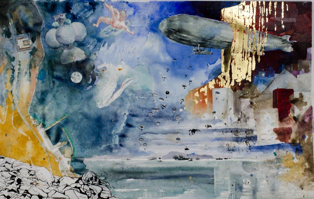 Een aquarel van een blauwe, dromerige hemel met een zeppelin, gouden druipende texturen en abstracte vormen.