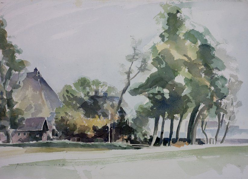 Een aquarel van een landelijk landschap met bomen, een klein huisje met een rieten dak en een bleke, bewolkte hemel.