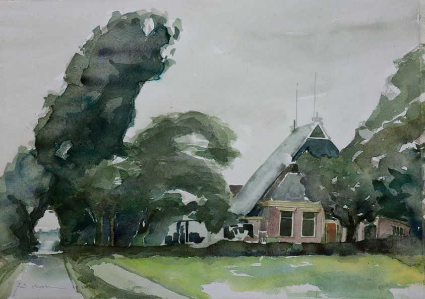 Een aquarel van een huis verscholen tussen weelderige groene bomen onder een zacht bewolkte hemel.