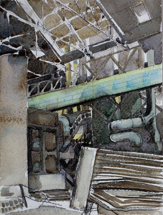 Een aquarel van een rommelig, industrieel interieur met zichtbare leidingen, een hoog plafond en opgestapelde materialen.