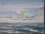Een aquarel van een kalme, blauwe zee onder een hemel met een opvallende, pluizige witte wolkenformatie.