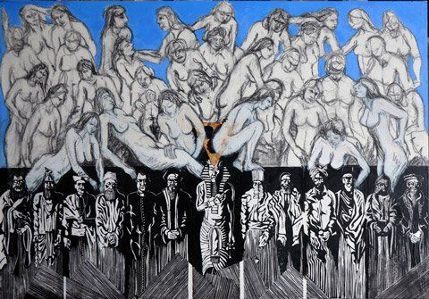 Een schilderij in collagestijl, waarop een groep figuren te zien is onder een grotere, gelaagde compositie van bleke figuren.