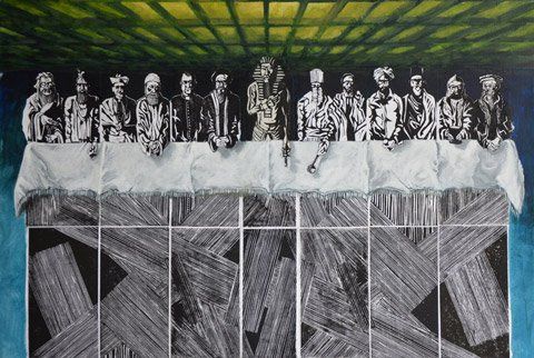 Een schilderij van twaalf figuren die achter een lange, witgedekte tafel staan, onder een groen rasterplafond.