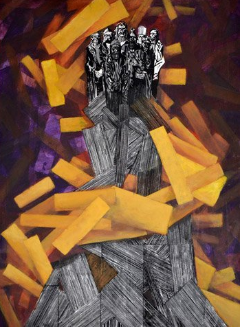Een figuur in houtskoolstijl staat te midden van abstracte gele rechthoekige vormen en een donkere, gestructureerde paarse en bruine achtergrond.