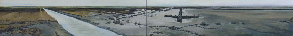 Een panoramisch uitzicht op het wad in ondiep, kalm water, met een eiland in de verte aan de horizon.