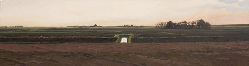 Een panoramisch uitzicht over een  vlak landschap met bruine, geoogste velden, een kleine sloot en bomen aan de horizon.
