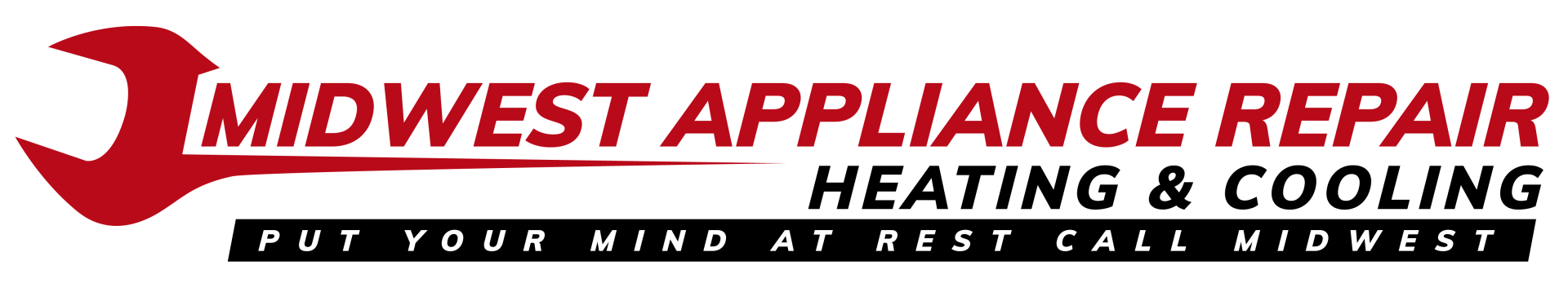 Logo for Midwest Appliance Repair, Heating & Cooling, with a red wrench graphic.
