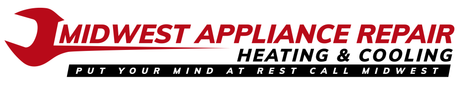 Logo for Midwest Appliance Repair, Heating & Cooling, with a red wrench graphic.