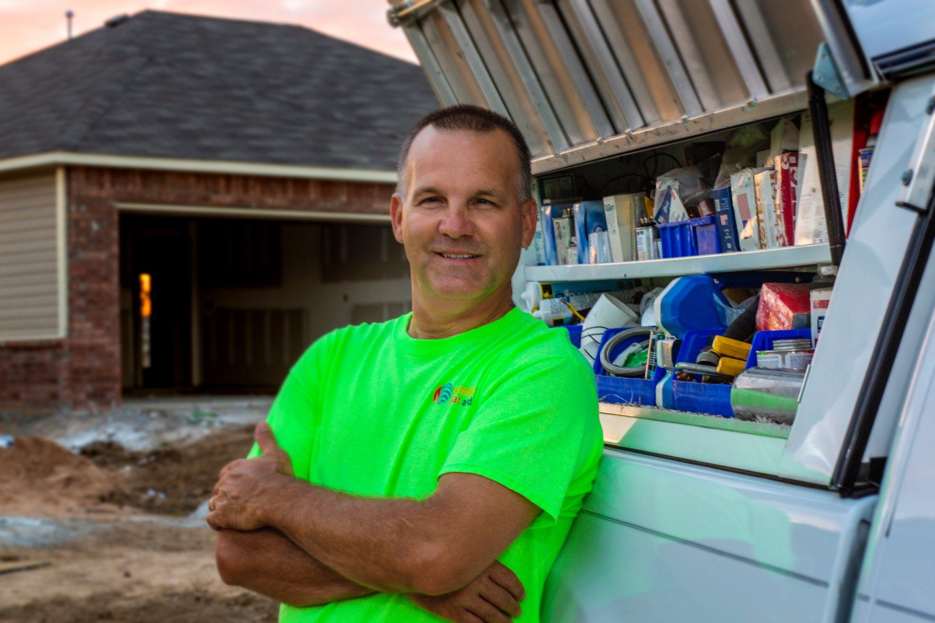 A man in a green shirt is standing next to a truck.