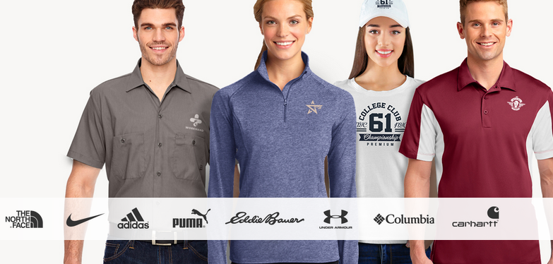 A group of people are standing next to each other wearing different brands of clothing.