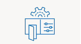 A blue line drawing of a building with a gear and a door.