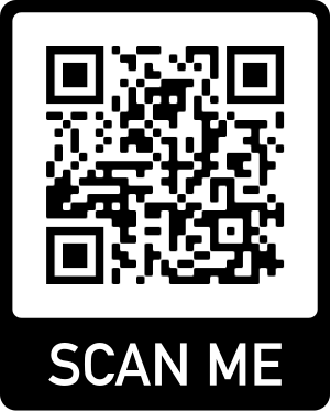 A black and white qr code with the words `` scan me '' below it.