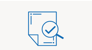 A blue icon of a paper with a check mark and a magnifying glass.