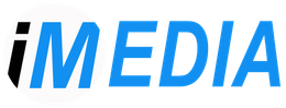 The word media is written in blue letters on a white background.