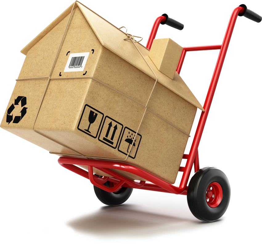 Red hand truck carrying house shaped box — Portland, OR — All America Moving Red hand truck carrying house shaped box — Portland, OR — All America Moving