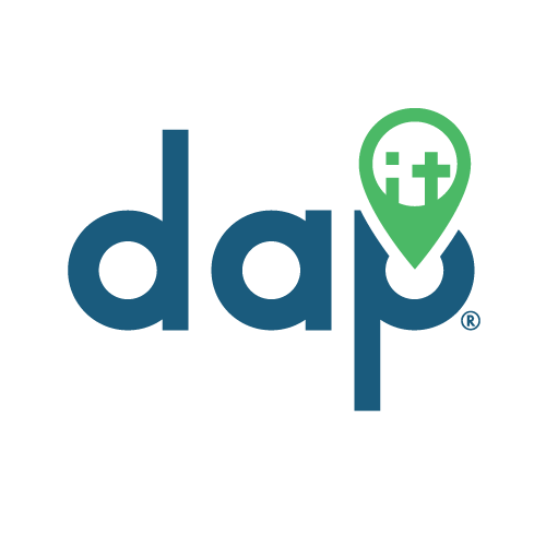 A logo for a company called dap with a green pin with a cross on it.