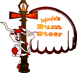 Cartoon signpost with a clown and “Woods Butte Beer” text in orange and brown.