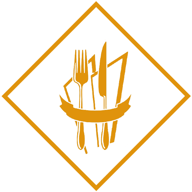 Orange diamond icon with fork, knife, and spoon tied together by a ribbon
