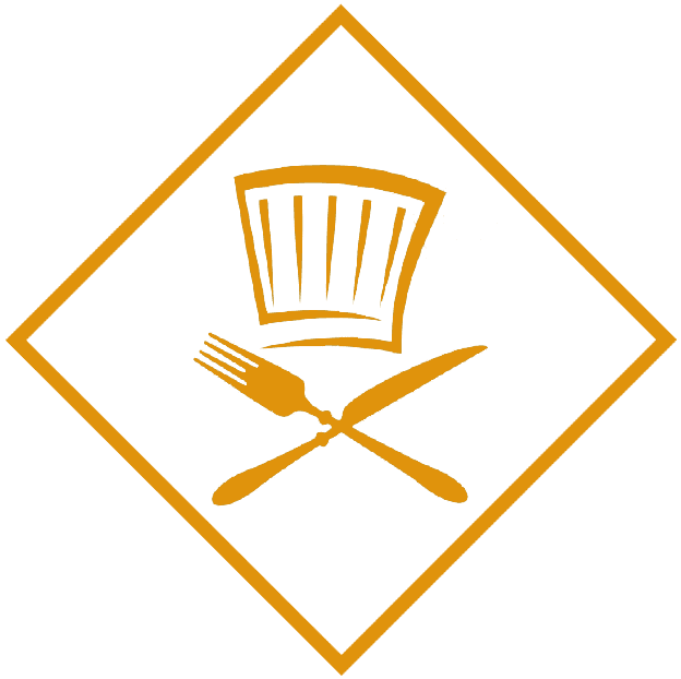 Orange chef hat and crossed fork and knife inside a diamond outline.